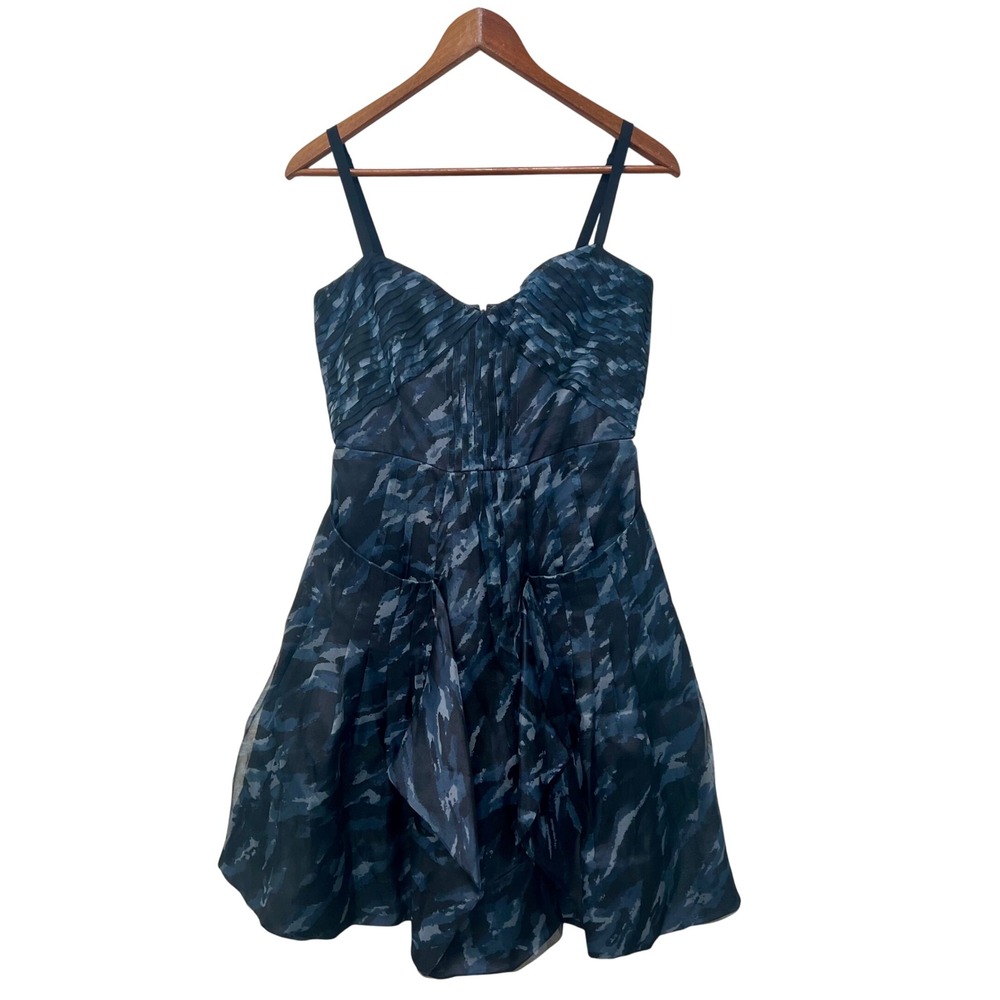 BCBGMAXAZRIA Blue Grey Silk Pleated Abstract Cocktail Dress 4 Party Cocktail